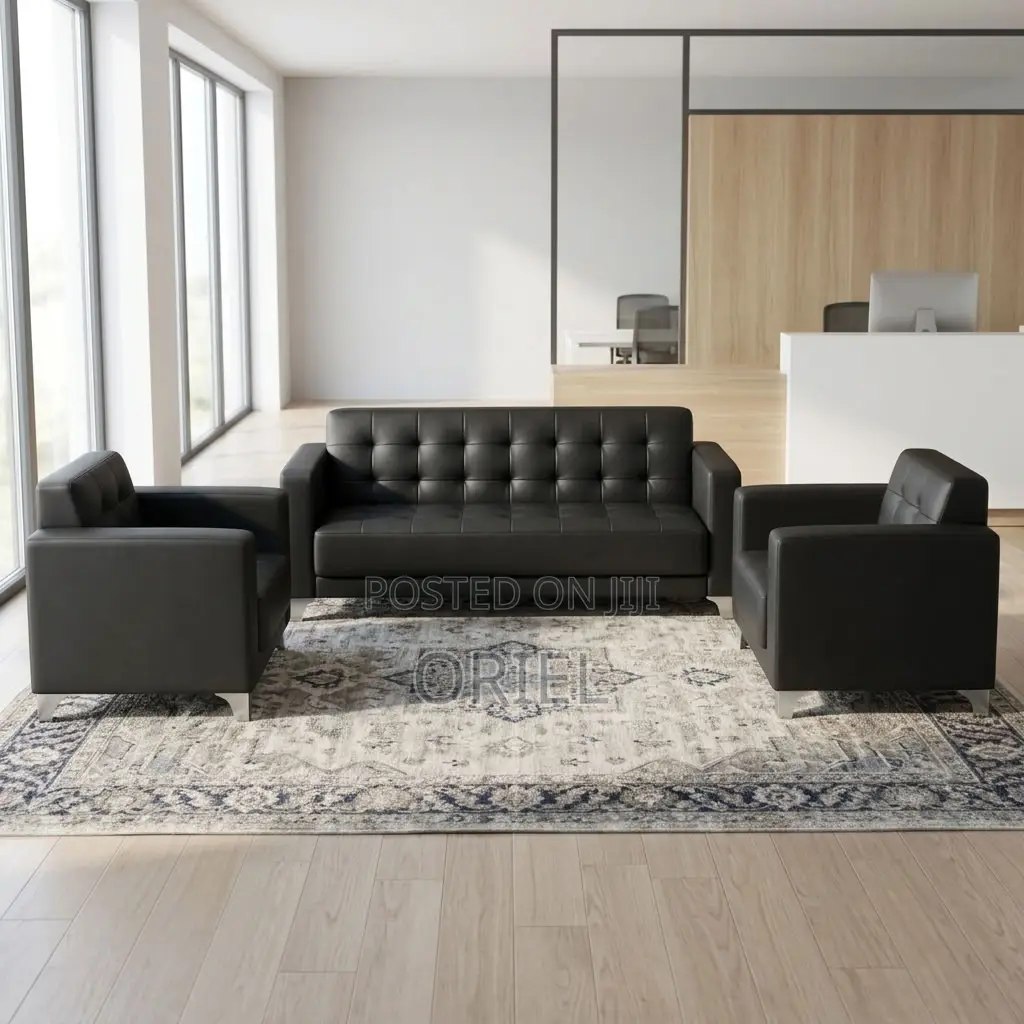 5-Seater Sofa : Black Leather Padded Guest Reception Sofa