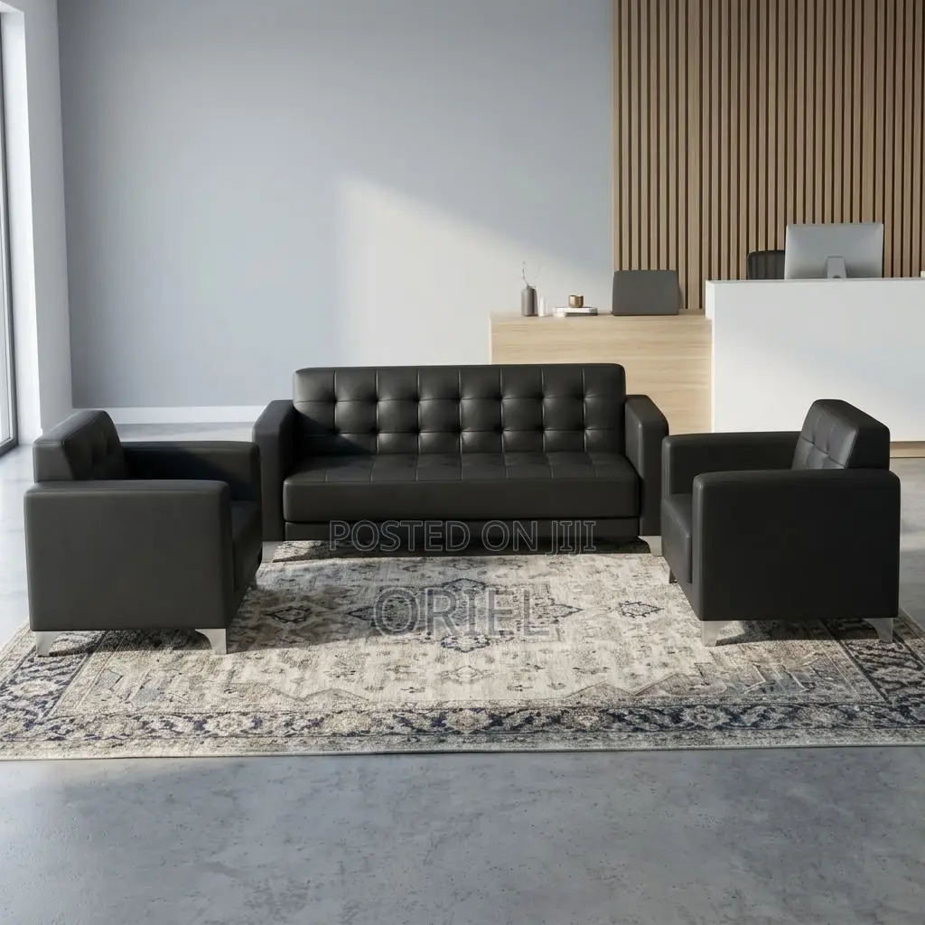 5-Seater Sofa : Black Leather Padded Guest Reception Sofa