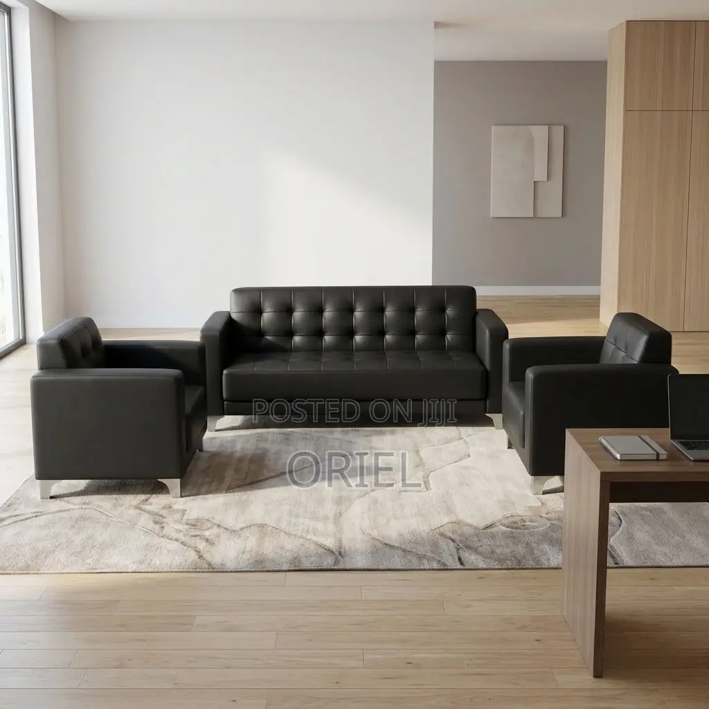 5-Seater Sofa : Black Leather Padded Guest Reception Sofa