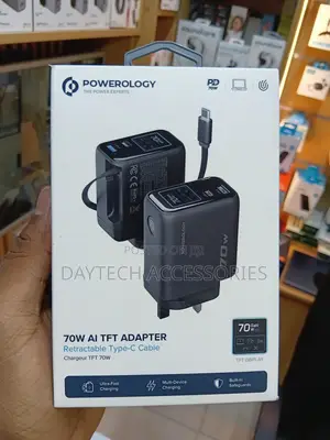 Powerology 70W AI TFT Adapter With Built-in Retractable Type-C Cable