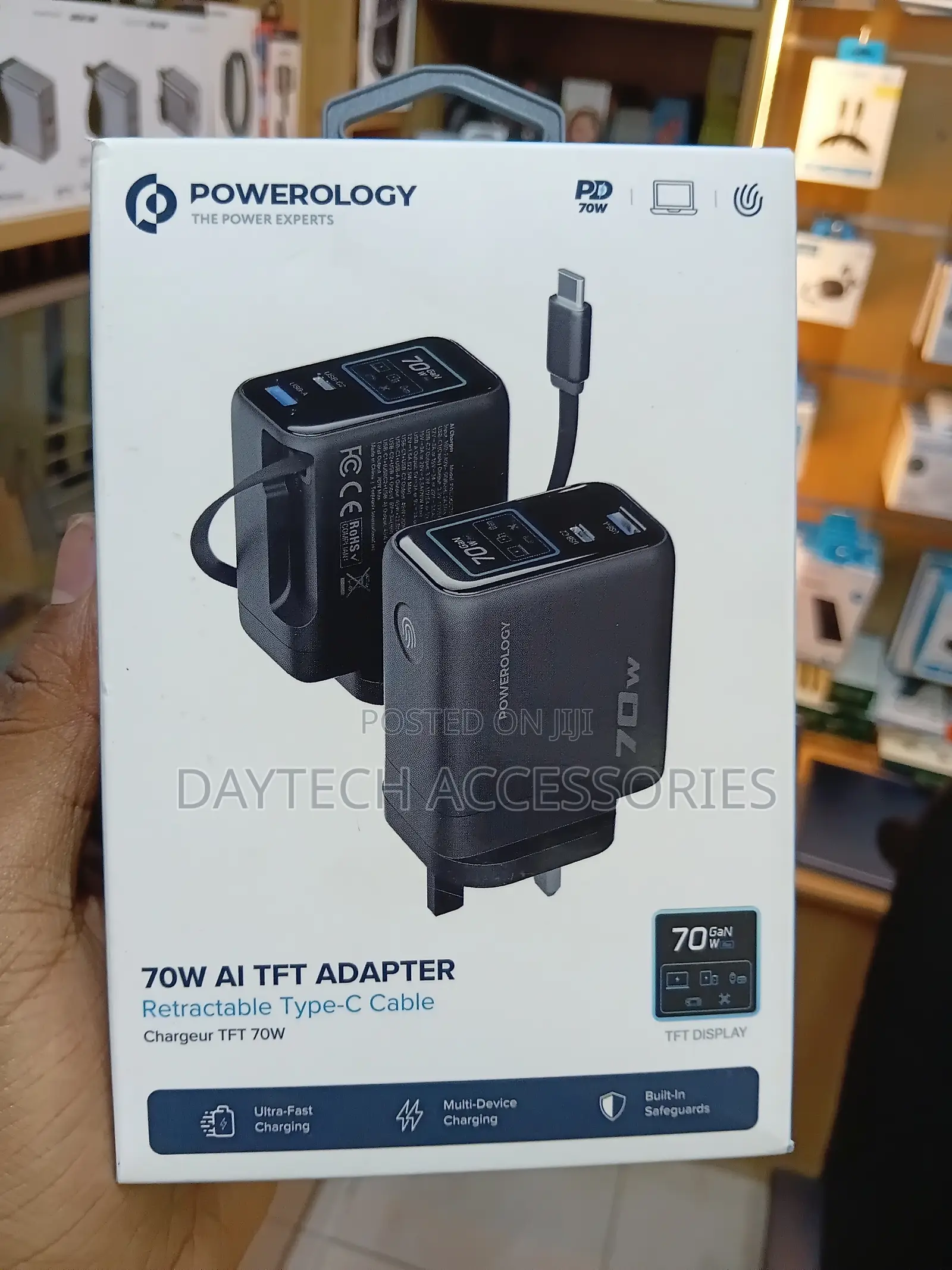 Powerology 70W AI TFT Adapter With Built-in Retractable Type-C Cable