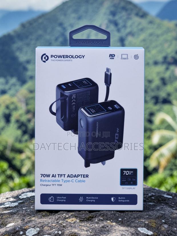 Powerology 70W AI Adapter With Retractable Type-C Cable (PWCUQC70WBK)