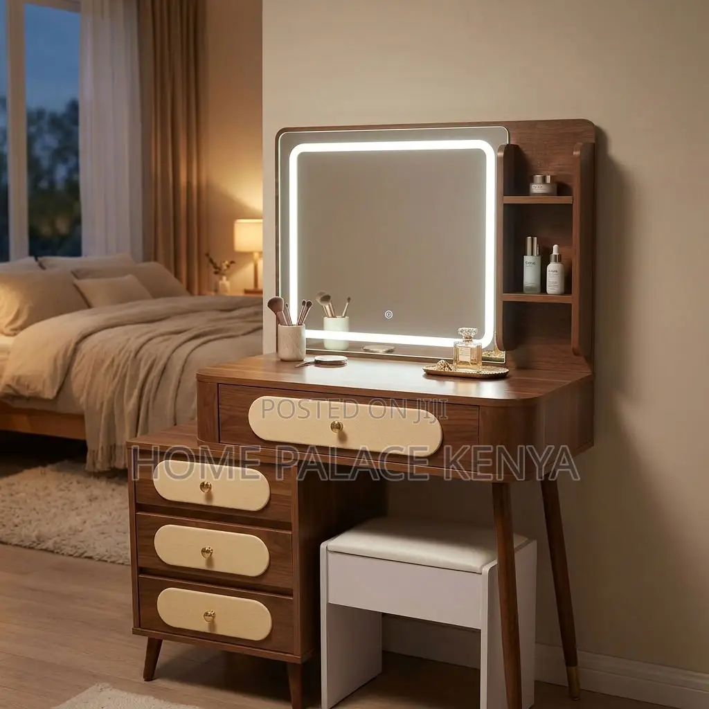Dressing Table; Brown Vintage 4-Drawer Makeup Table