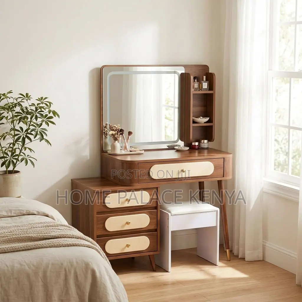 Dressing Table; Brown Vintage 4-Drawer Makeup Table
