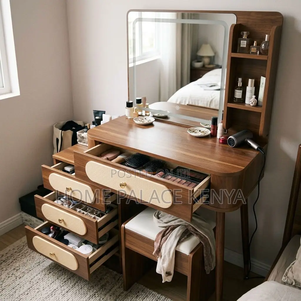 Dressing Table; Brown Vintage 4-Drawer Makeup Table