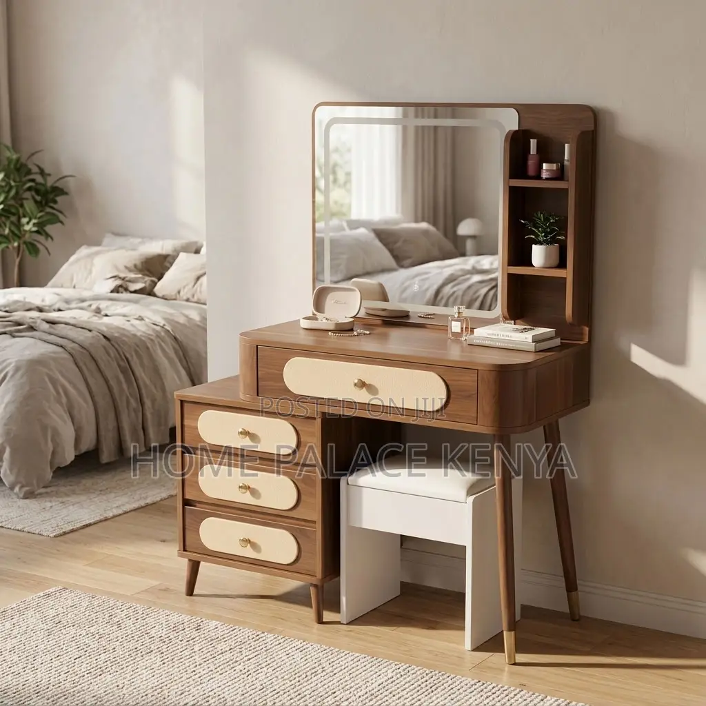 Dressing Table; Brown Vintage 4-Drawer Makeup Table