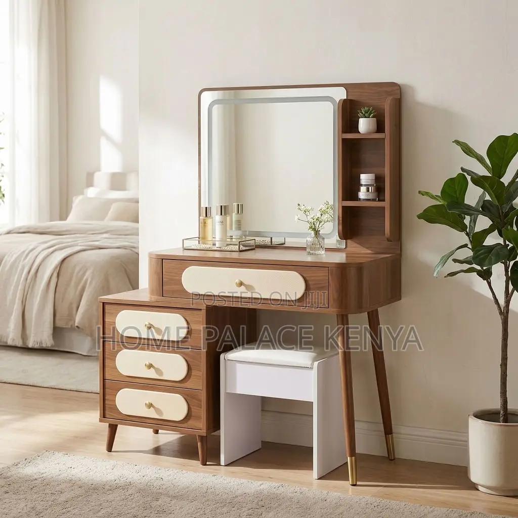 Dressing Table; Brown Vintage 4-Drawer Makeup Table