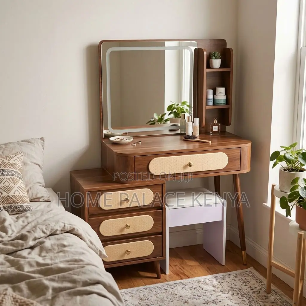 Dressing Table; Brown Vintage 4-Drawer Makeup Table