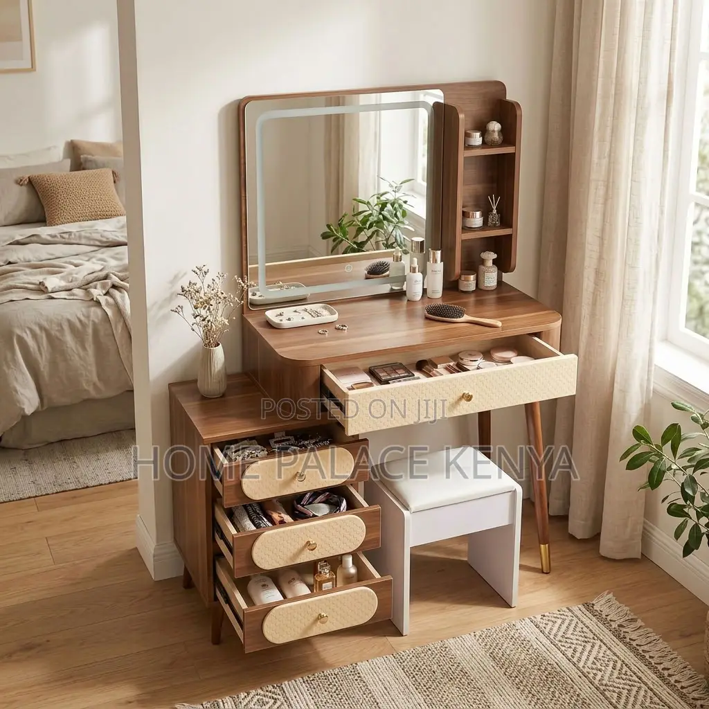 Dressing Table; Brown Vintage 4-Drawer Makeup Table