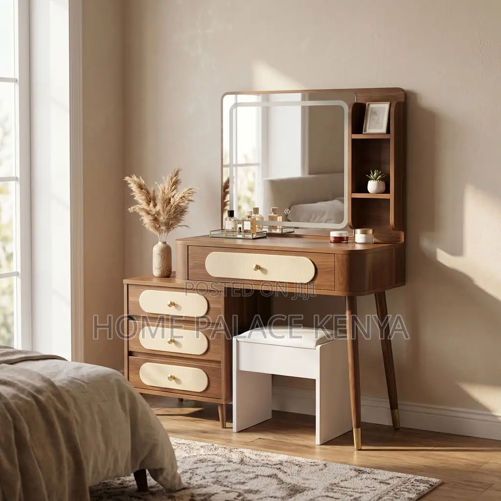Dressing Table; Brown Vintage 4-Drawer Makeup Table