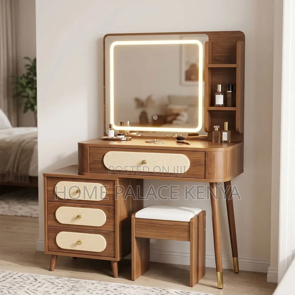 Dressing Table; Brown Vintage 4-Drawer Makeup Table