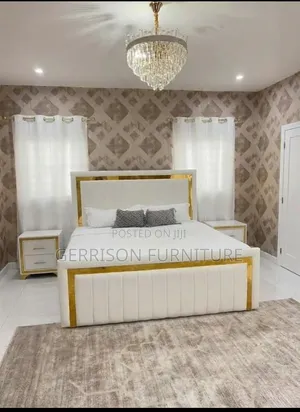 Modern White Velvet Bed Set With Gold Mirror Trim & 2 Nightstands