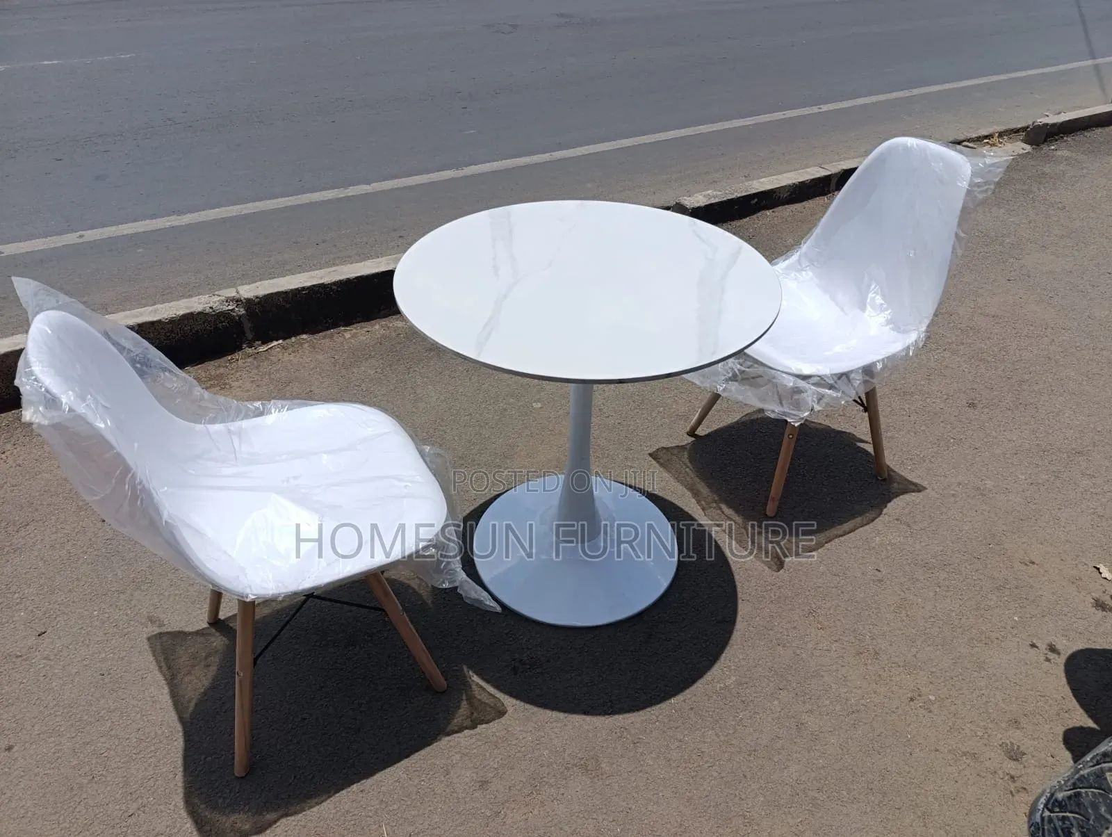 Dining Table Set With 2 White Chairs and Marble Finish Top