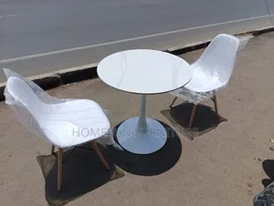 Dining Table Set With 2 White Chairs and Marble Finish Top