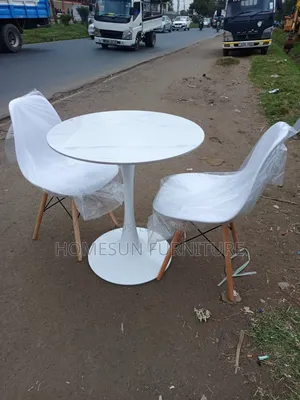 Dining Table Set With 2 White Chairs and Marble Finish Top