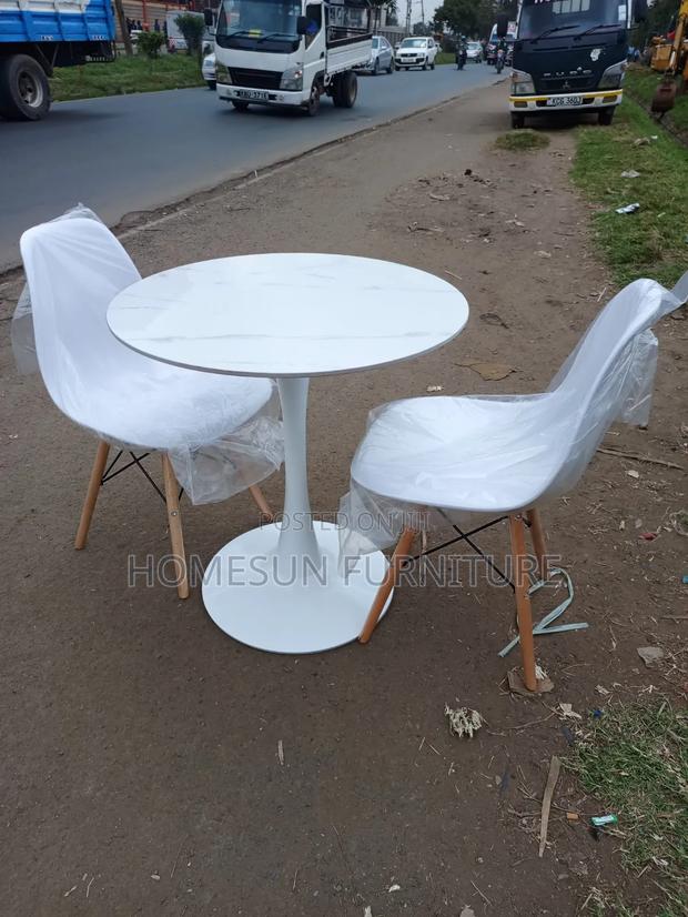 Dining Table Set With 2 White Chairs and Marble Finish Top