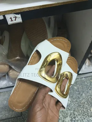 Ladies’ White Open-Toe Slide Sandals With Gold Buckle Accent
