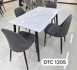Modern White Marble Dining Table Set With 4 Grey Upholstered Chairs