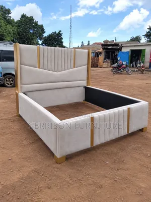 Luxury 5x6 Cream Velvet Fluted Bed Frame With Gold Trim