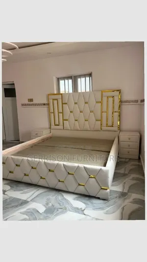 Luxury 5x6 Cream Bed With Gold Accents
, and 2 Matching Side Beds