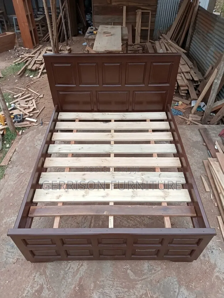 Modern Hardwood Grid-Panel Bed Frame With Heavy Duty Wooden Slat Base