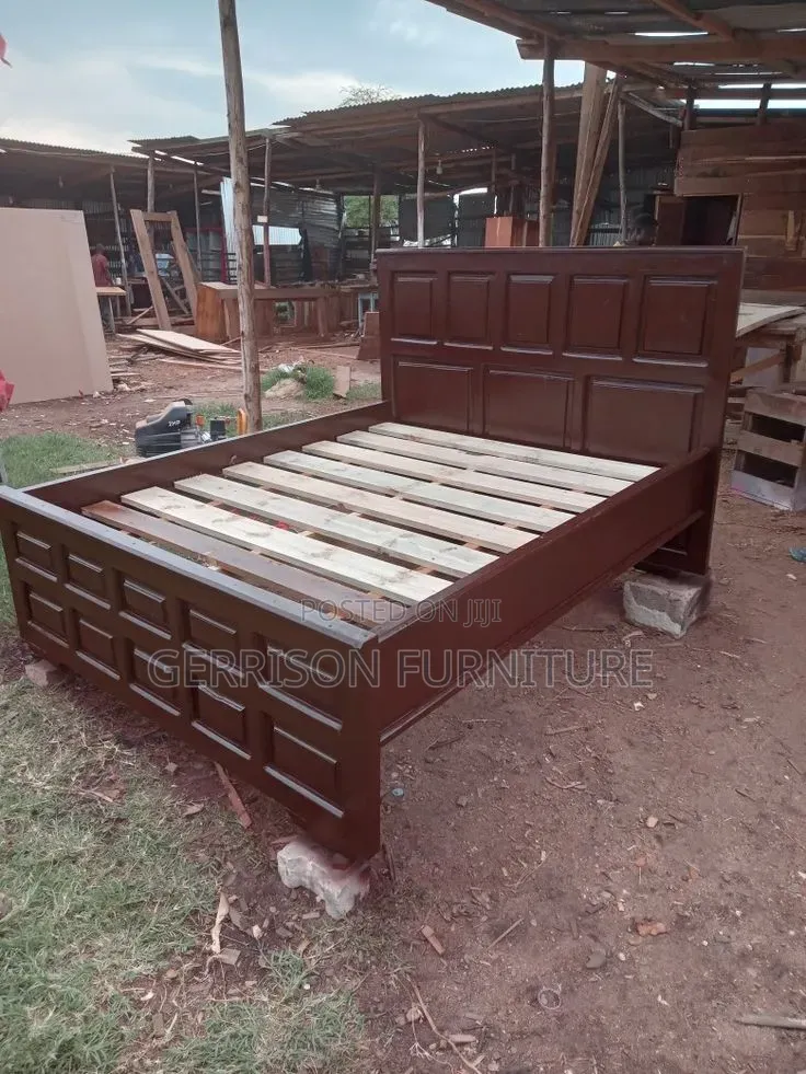 Modern Hardwood Grid-Panel Bed Frame With Heavy Duty Wooden Slat Base