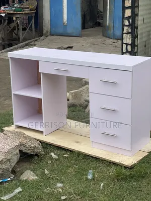 Modern White Wooden Office Desk With 4 Drawers and Open Shelves