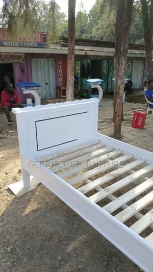 Modern White Single Bed Frame With Slate Base & Headboard Accents