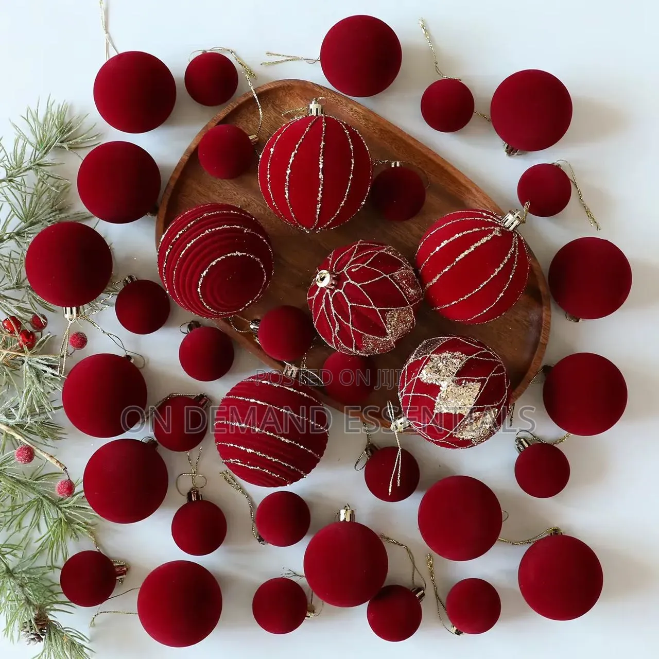 36PCS Burgundy Velvet Christmas Bauble Set