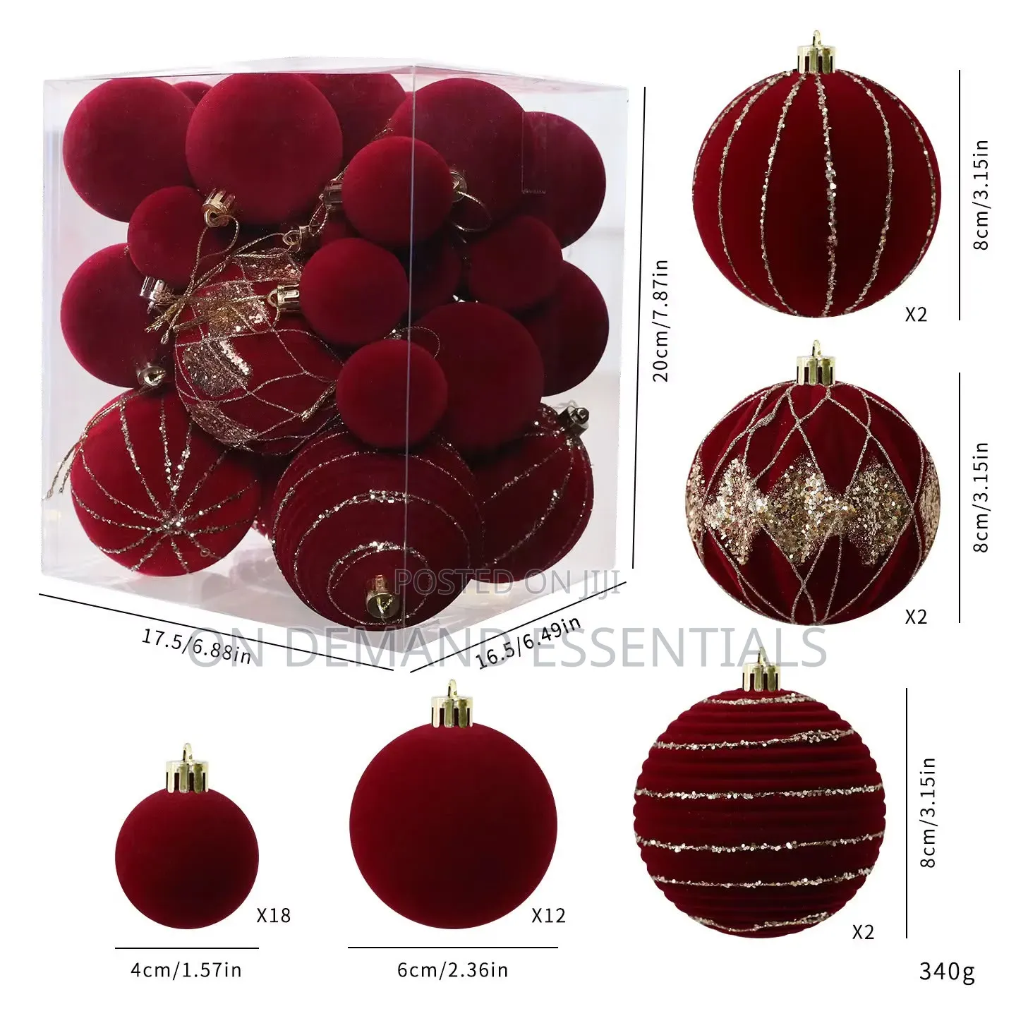 36PCS Burgundy Velvet Christmas Bauble Set