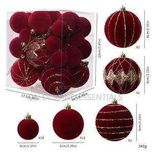 36PCS Burgundy Velvet Christmas Bauble Set