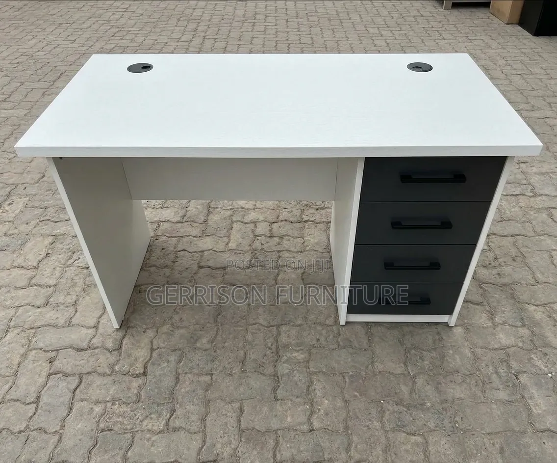 Modern White Office Desk With 4 Charcoal Drawers