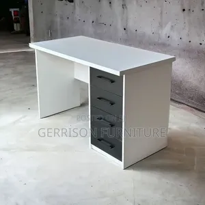 Modern White Office Desk With 4 Charcoal Drawers