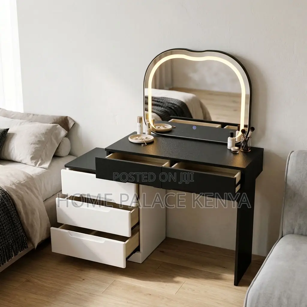 Dressing Table; Black Top Lighted Dressing Table Set