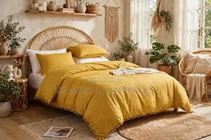 Pom-Pom Laced Duvet Cover Set Mustard Yellow - New