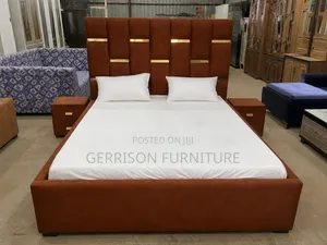 Modern Rust Brown Upholstered Bed Set With Metallic Gold Accents