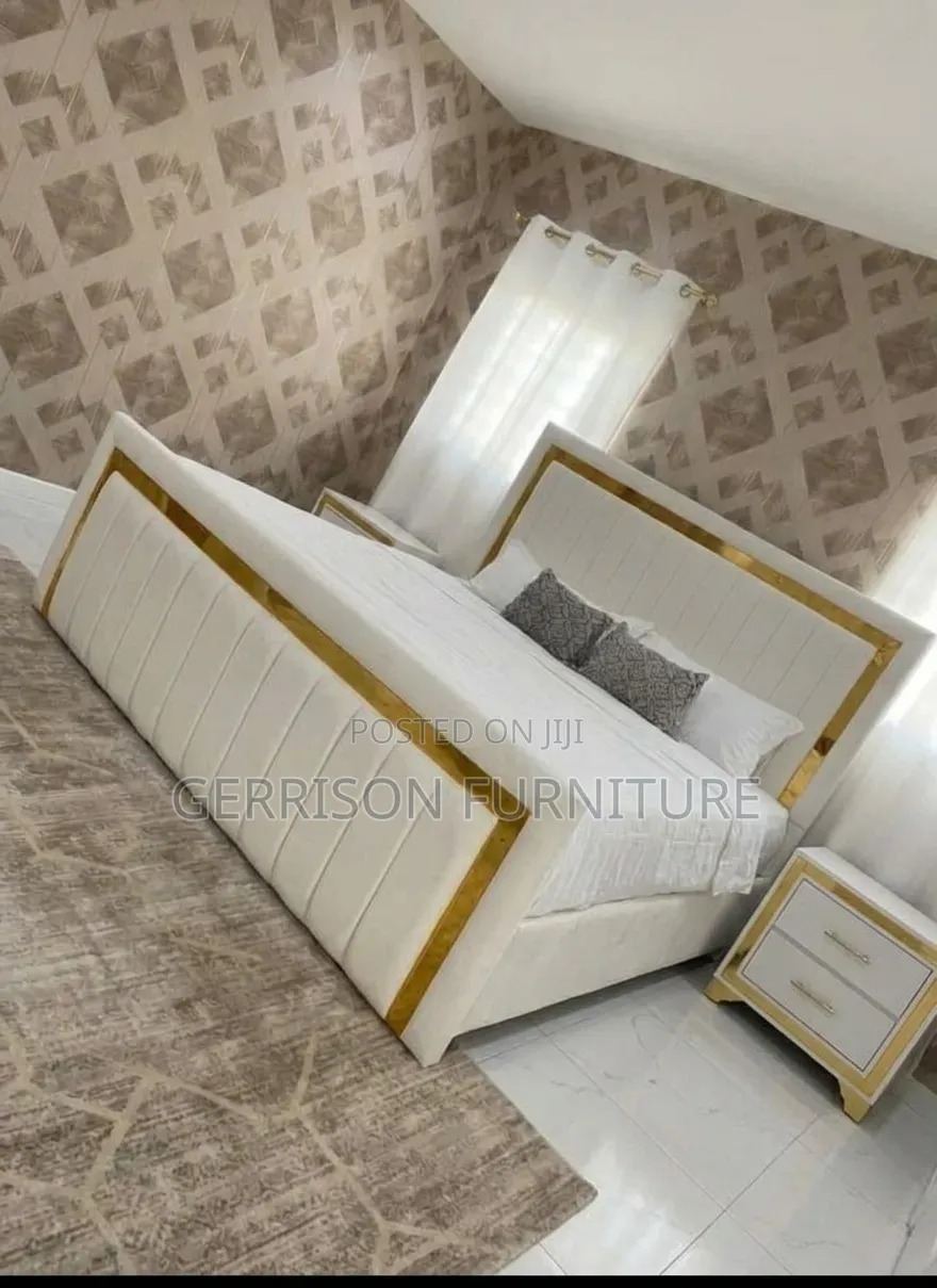 Luxury 6x6 Gold Panel Bed + 10" Mattress + 2 Bedside Drawers