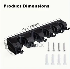 Wall-Mounted Mop & Broom Holder With 5 Slots and 6 Hooks - Av