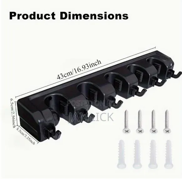 Wall-Mounted Mop & Broom Holder With 5 Slots and 6 Hooks - Av