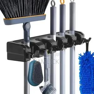 Wall-Mounted Mop & Broom Holder With 5 Slots and 6 Hooks - Av