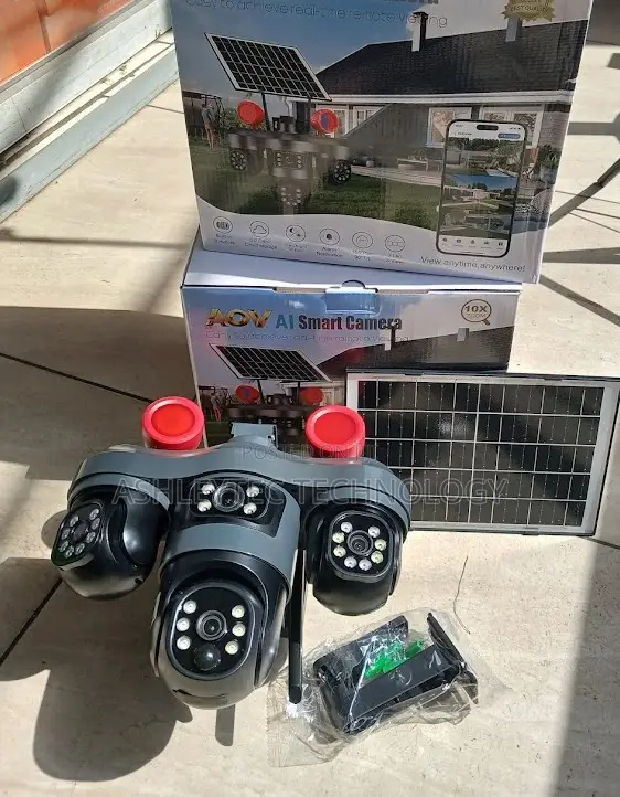 V380 Quad Lens CCTV Camera With Solar Panel and Strobe Alarm