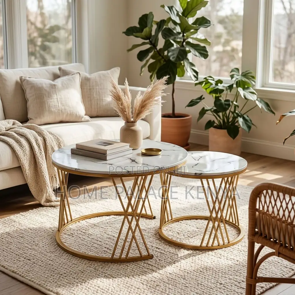 Nesting Table Set; Gold Frame Marble Nesting Table