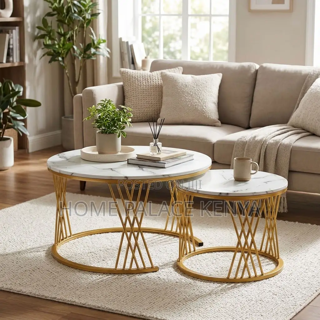 Nesting Table Set; Gold Frame Marble Nesting Table
