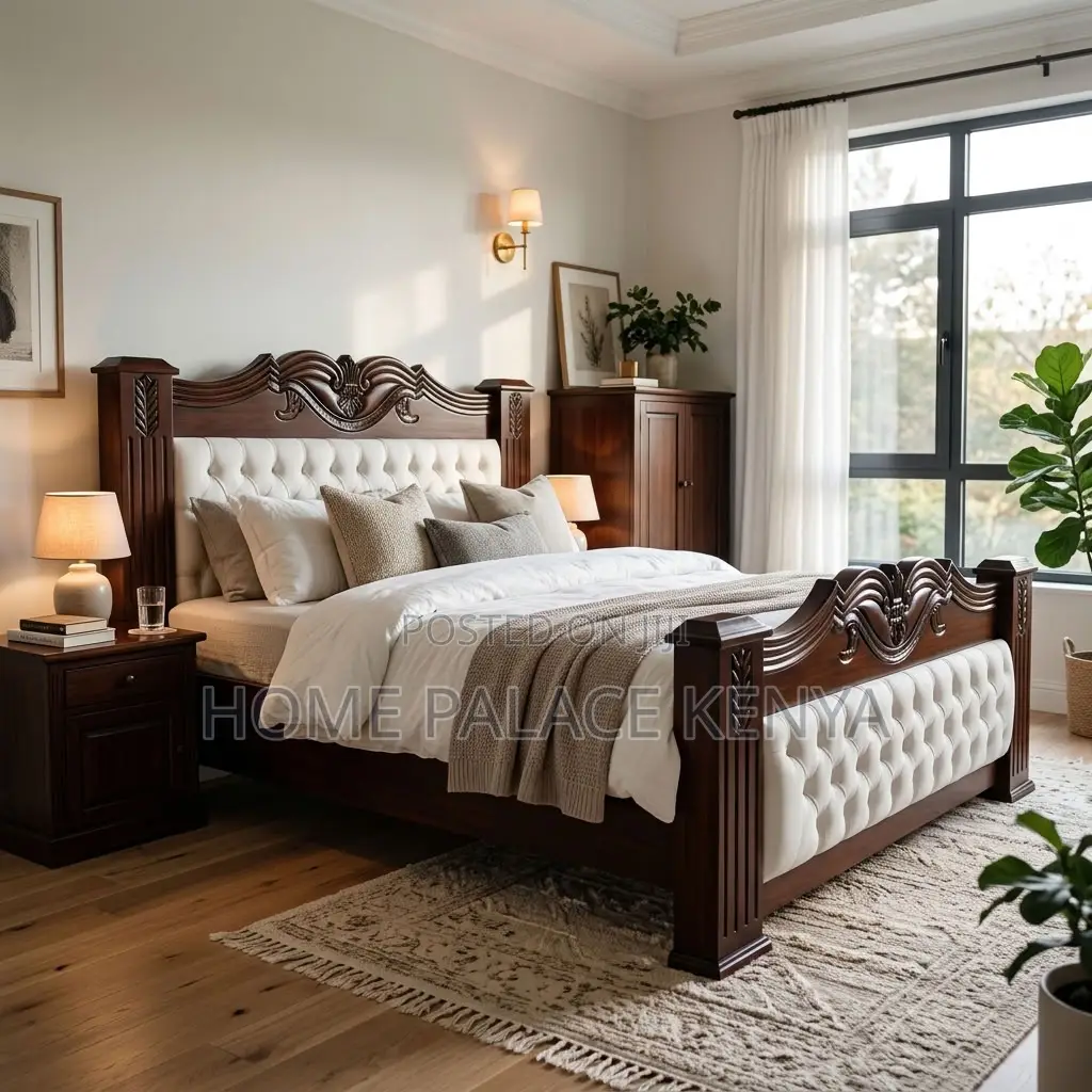 Home Bed Frame; King Size Mahogany Frame Padded Bed