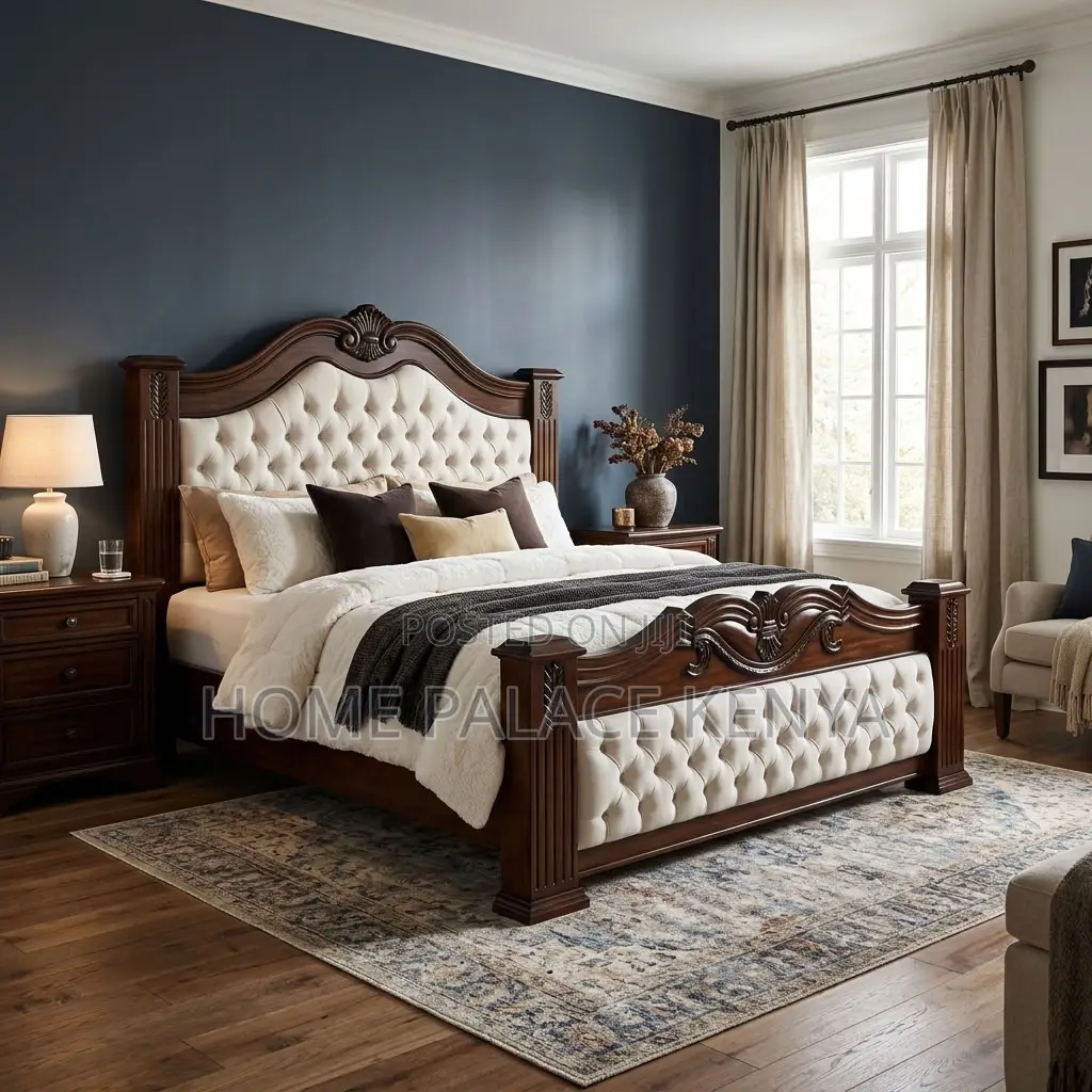 Home Bed Frame; King Size Mahogany Frame Padded Bed