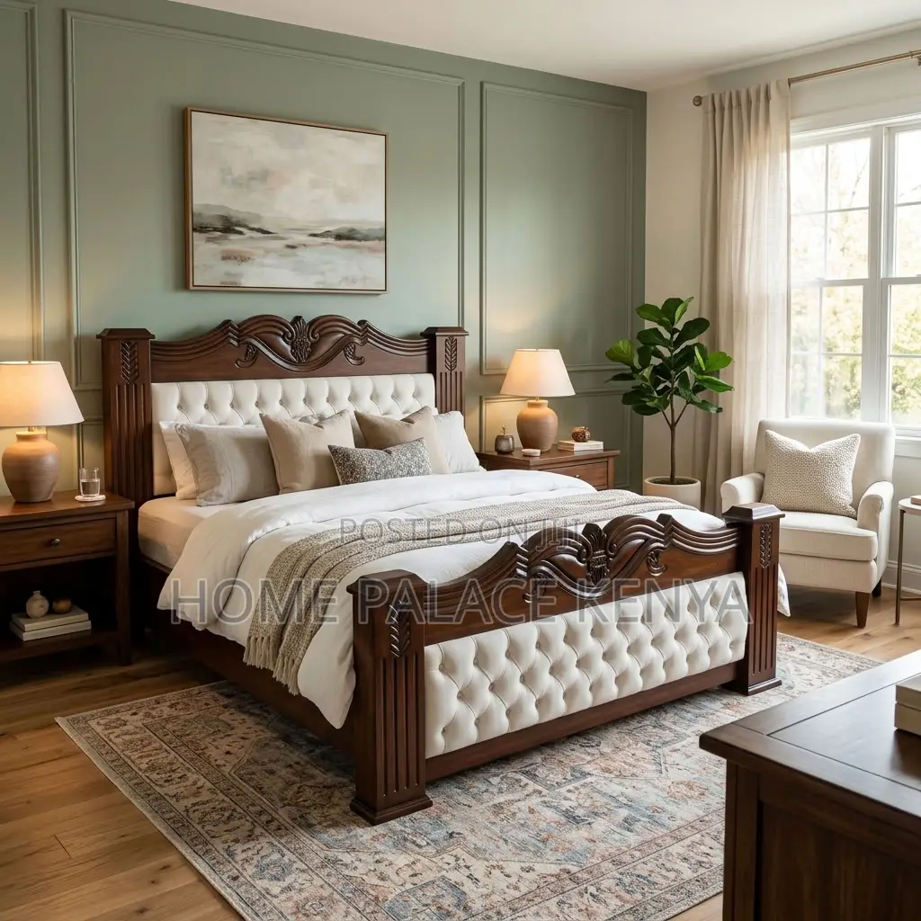 Home Bed Frame; King Size Mahogany Frame Padded Bed