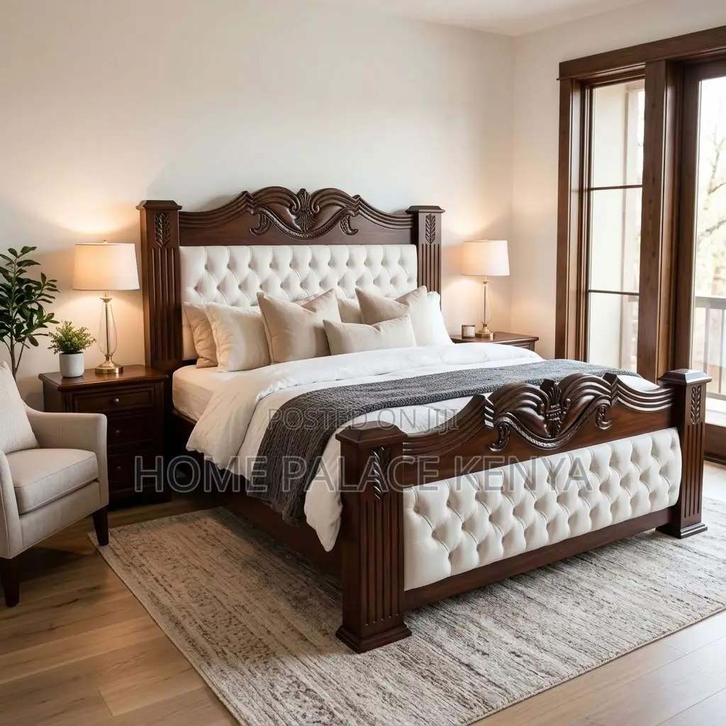 Home Bed Frame; King Size Mahogany Frame Padded Bed