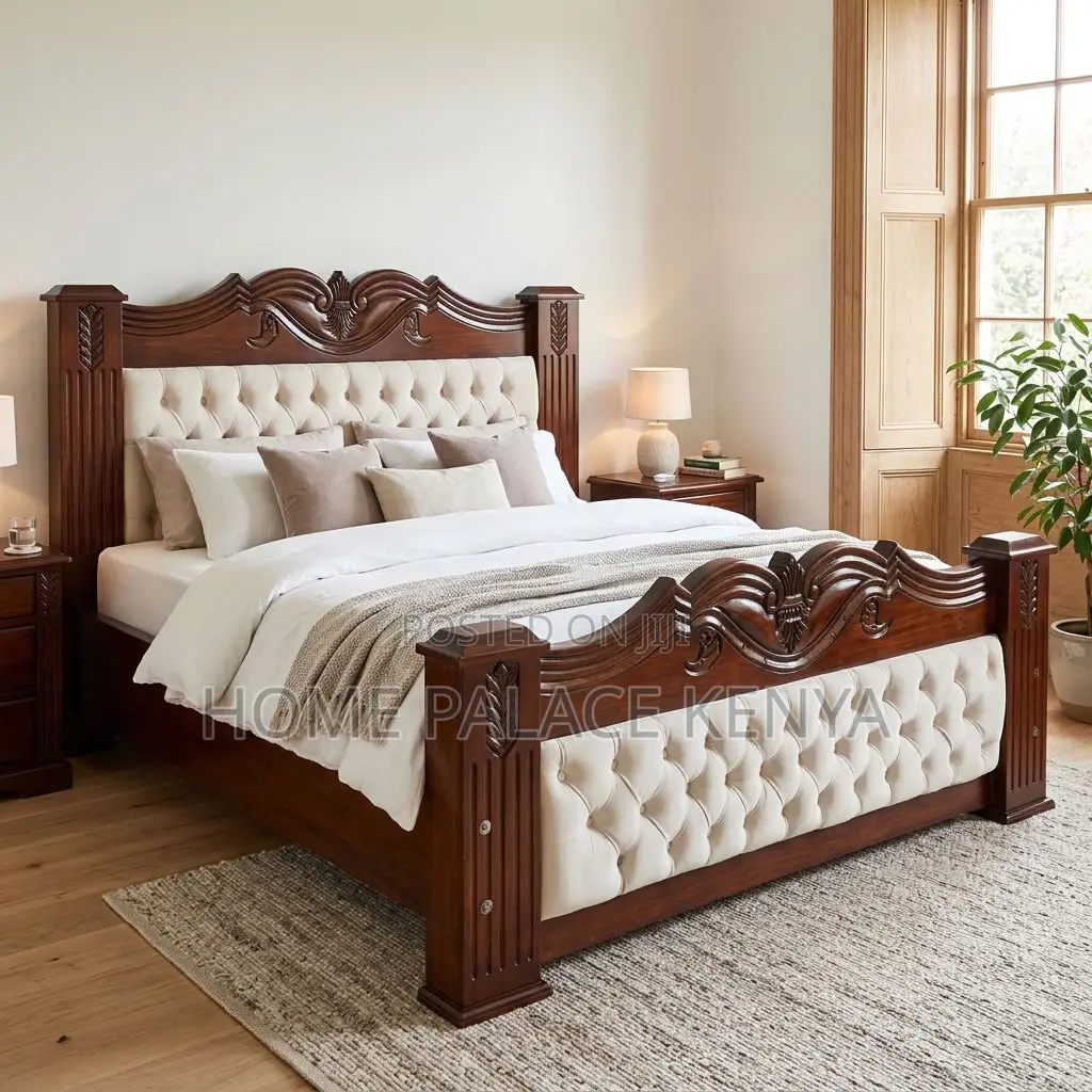 Home Bed Frame; King Size Mahogany Frame Padded Bed