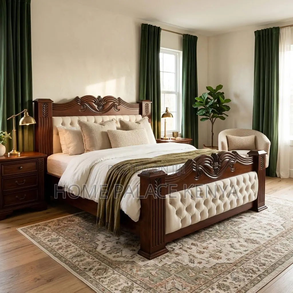 Home Bed Frame; King Size Mahogany Frame Padded Bed