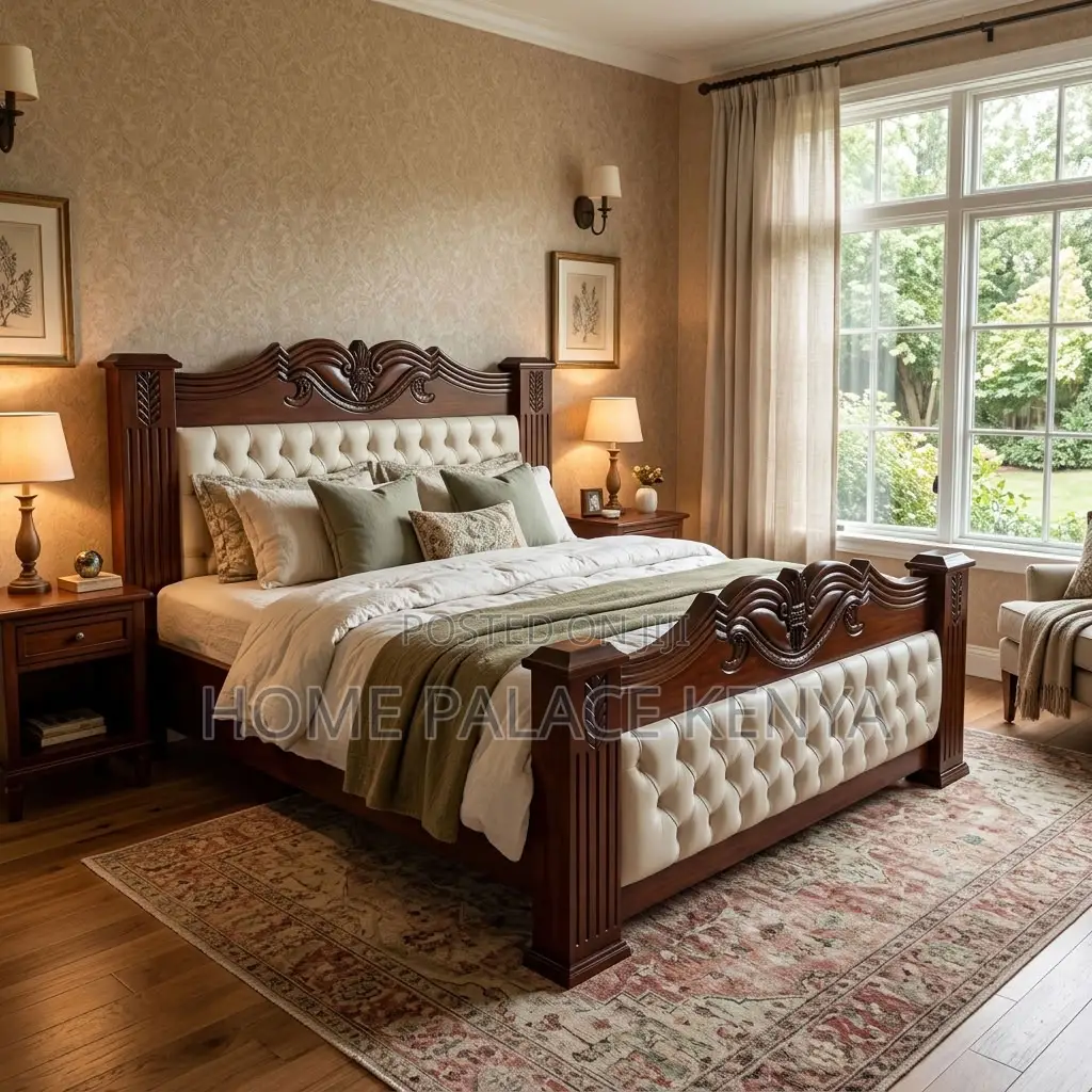 Home Bed Frame; King Size Mahogany Frame Padded Bed